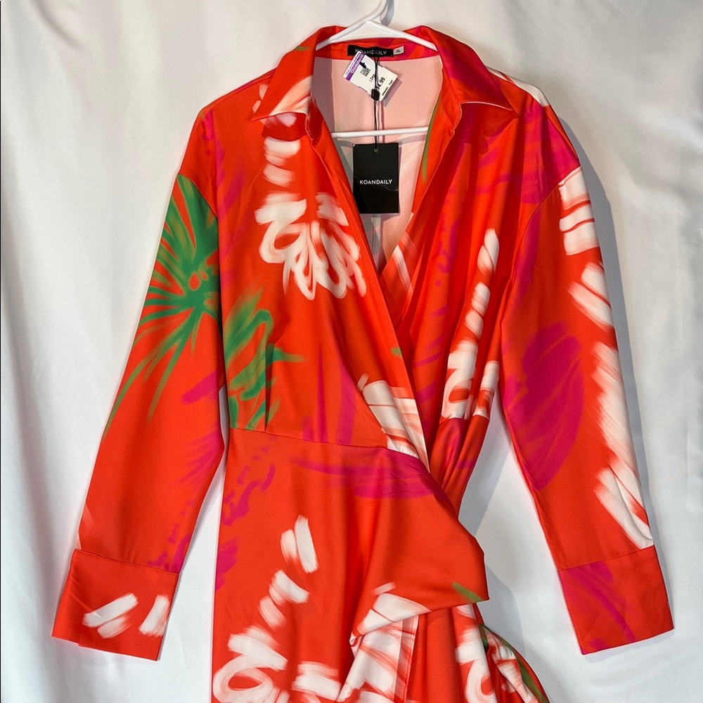 KOAN DAILY Vibrant Floral Wrap Dress Long Sleeve cuffed Sz XL - Picture 2 of 15